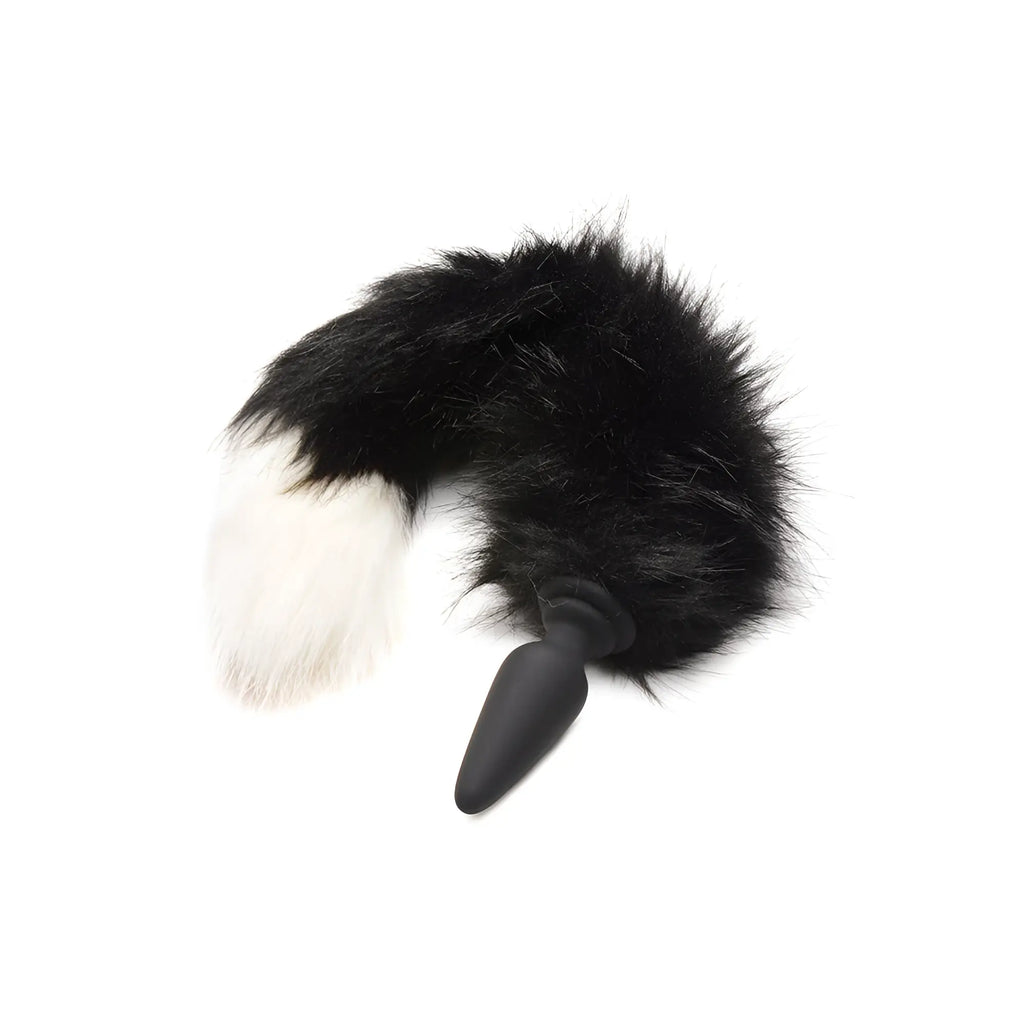 Tailz Small anal plug with a fluffy, black and white faux-fur fox tail attached to a matte black base.