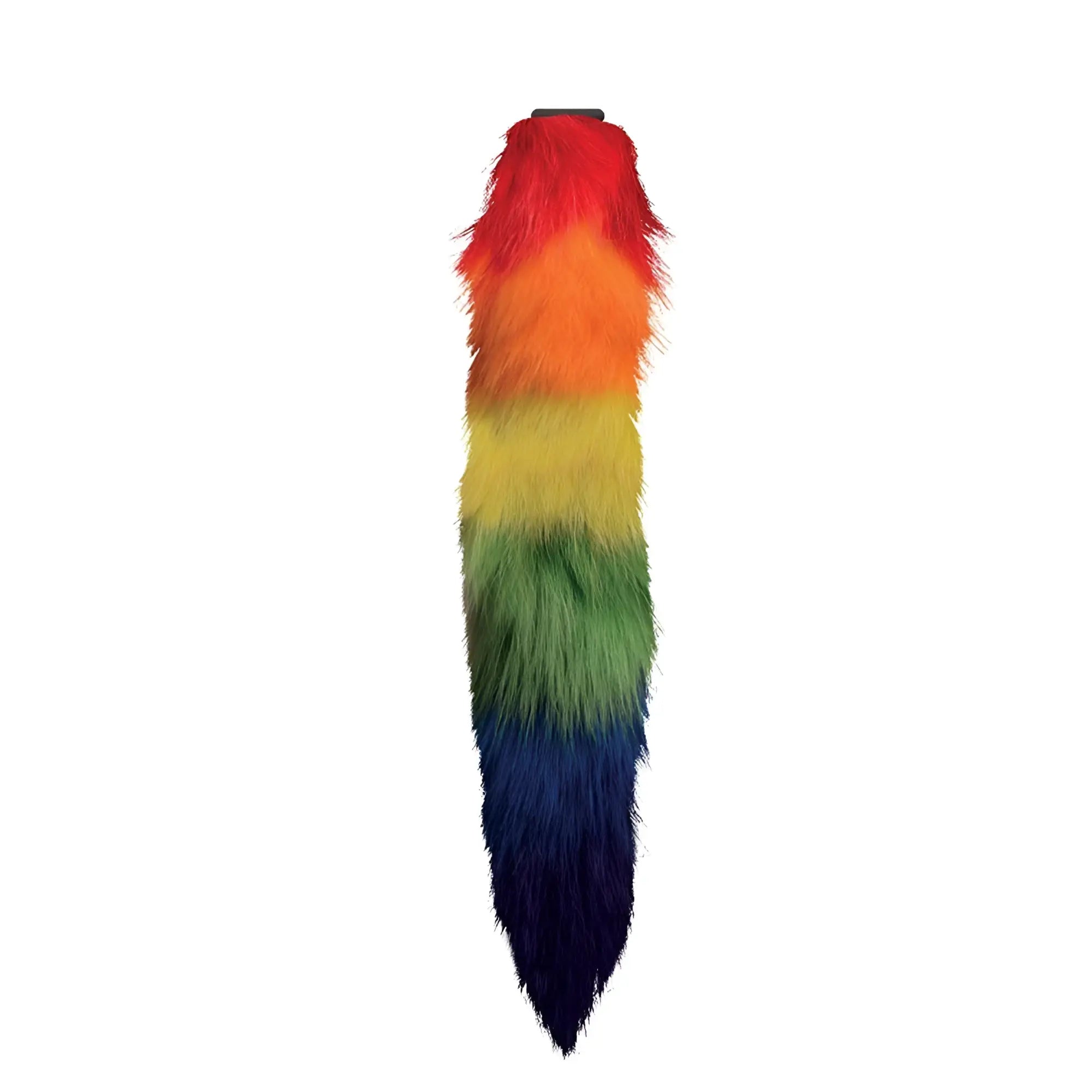 Tailz small anal plug featuring a fluffy, vibrant rainbow-colored faux fur fox tail against a white background.