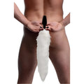 Tailz Vibrating White Fox Tail anal plug: A black slender plug attached to a long, fluffy white faux fur tail.