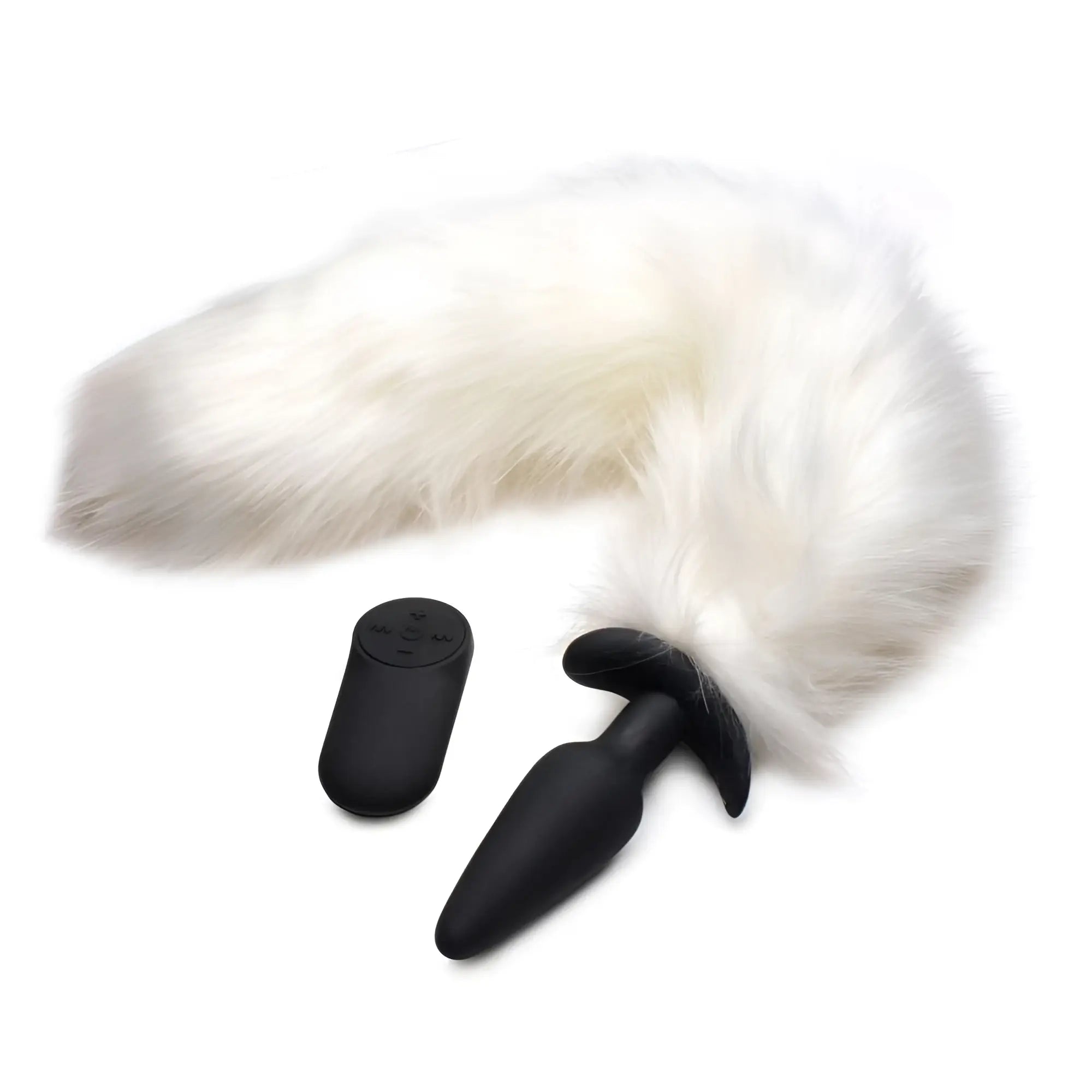 Tailz vibrating slender anal plug with a fluffy white fox tail and a black handheld remote on a white background.