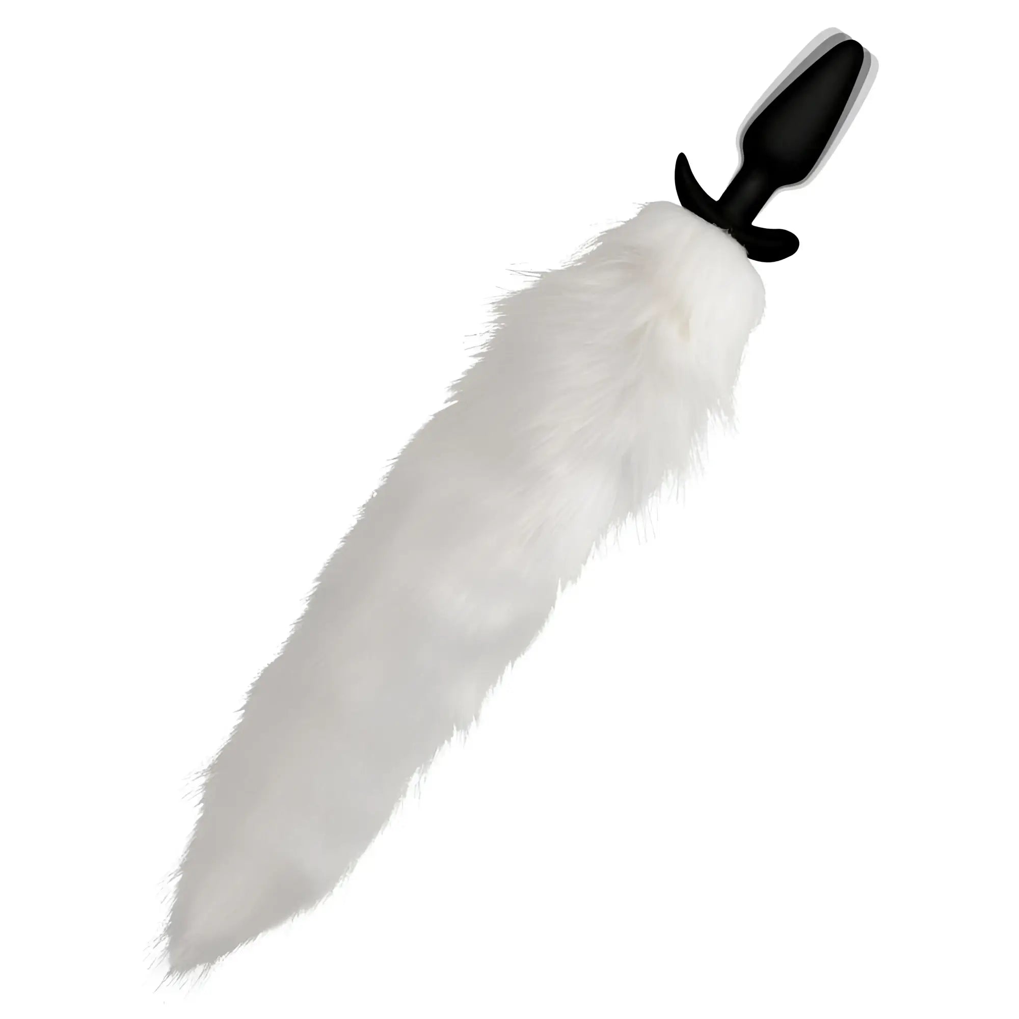 Tailz vibrating anal plug featuring a fluffy white faux fur fox tail attached to a slender, smooth black base.
