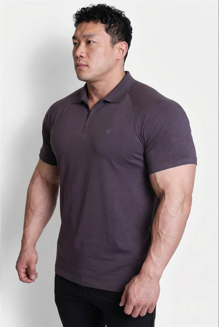 Jed North Premium Muscle-Fit Polo-T-Shirt mit Reißverschluss – Dunkelgrau