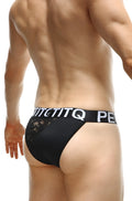 Black lace-trimmed tanga bigoo lace net briefs with bold white lettered waistband in front view
