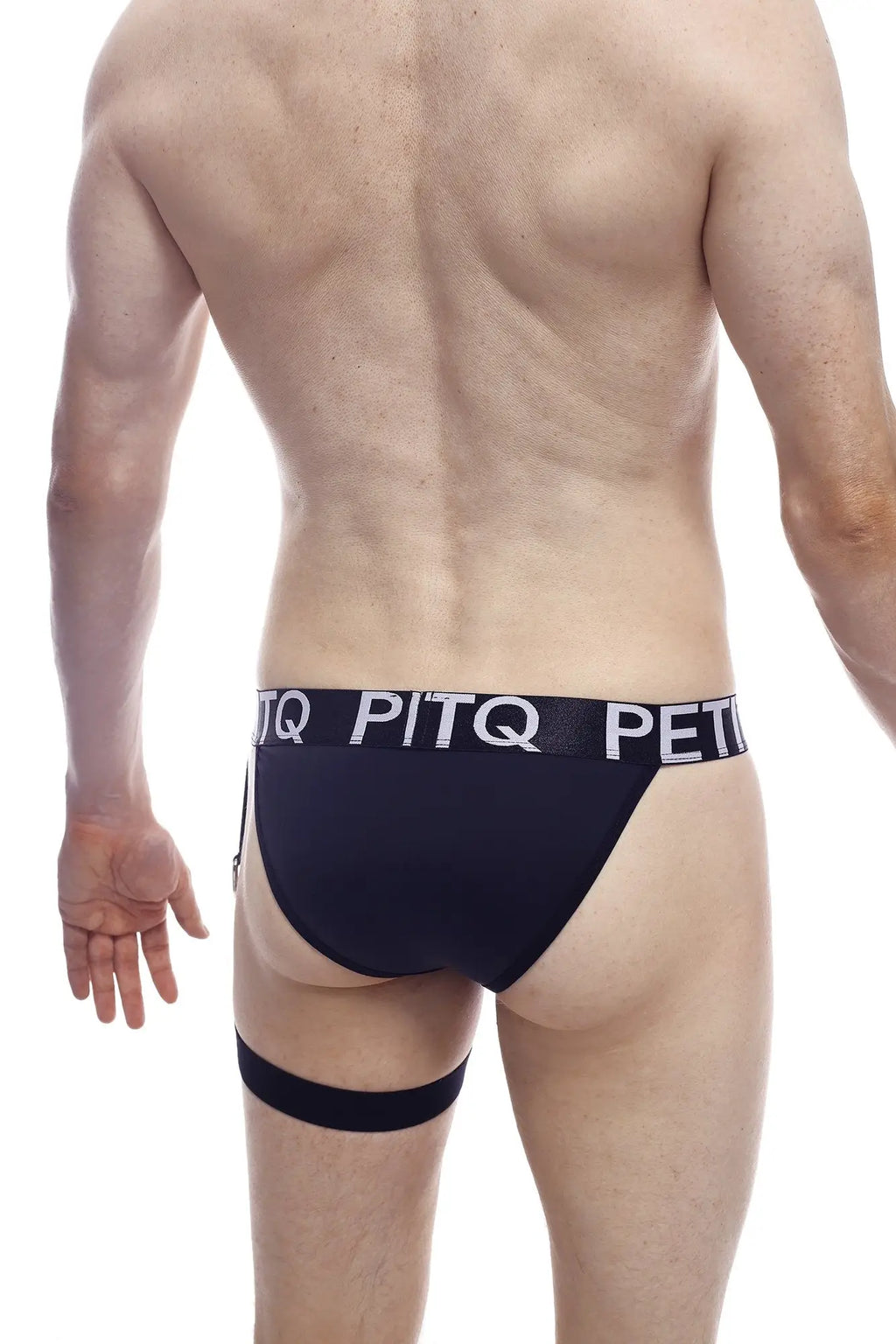 Black pitq tanga petitq adventure briefs with matching leg strap showing front design in soft fabric
