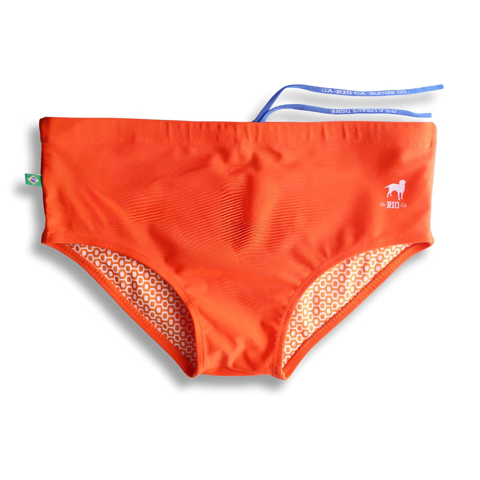 Bright orange mens swimming sunga with white dog logo rio text and beige cream patterned inner lining beachwear