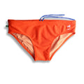 Tangerine solids men’s swimming sunga with bright orange swim trunks geometric patterned lining and blue drawstrings