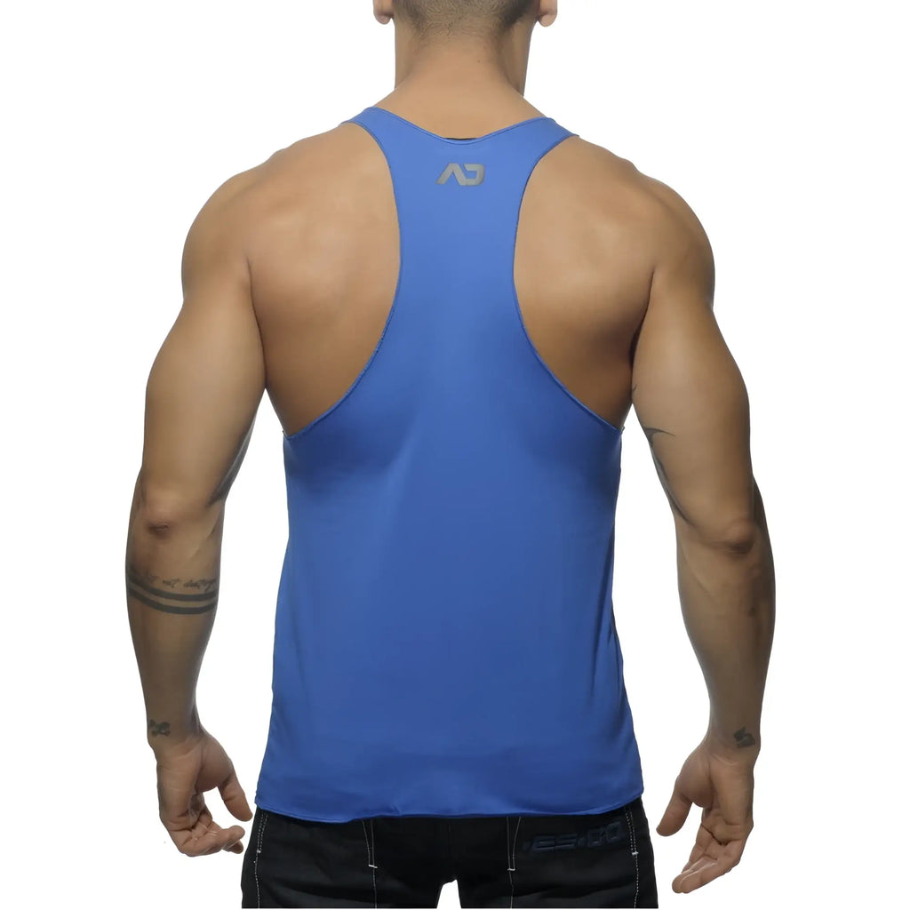 Blue athletic tank top back side with subtle gray logo printed for activewear and fitness use
