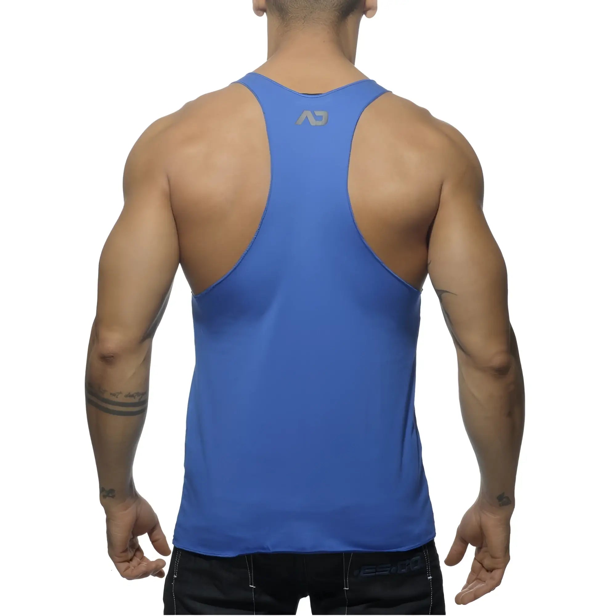 Blue athletic tank top back side with subtle gray logo printed for activewear and fitness use