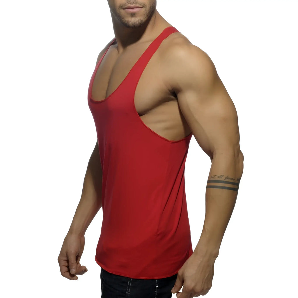 Red athletic tank top tank back printed with deep v-neck and side cutout for breathable workout comfort