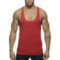 Red muscle tank top with scoop neckline and thin straps showing back side printed design