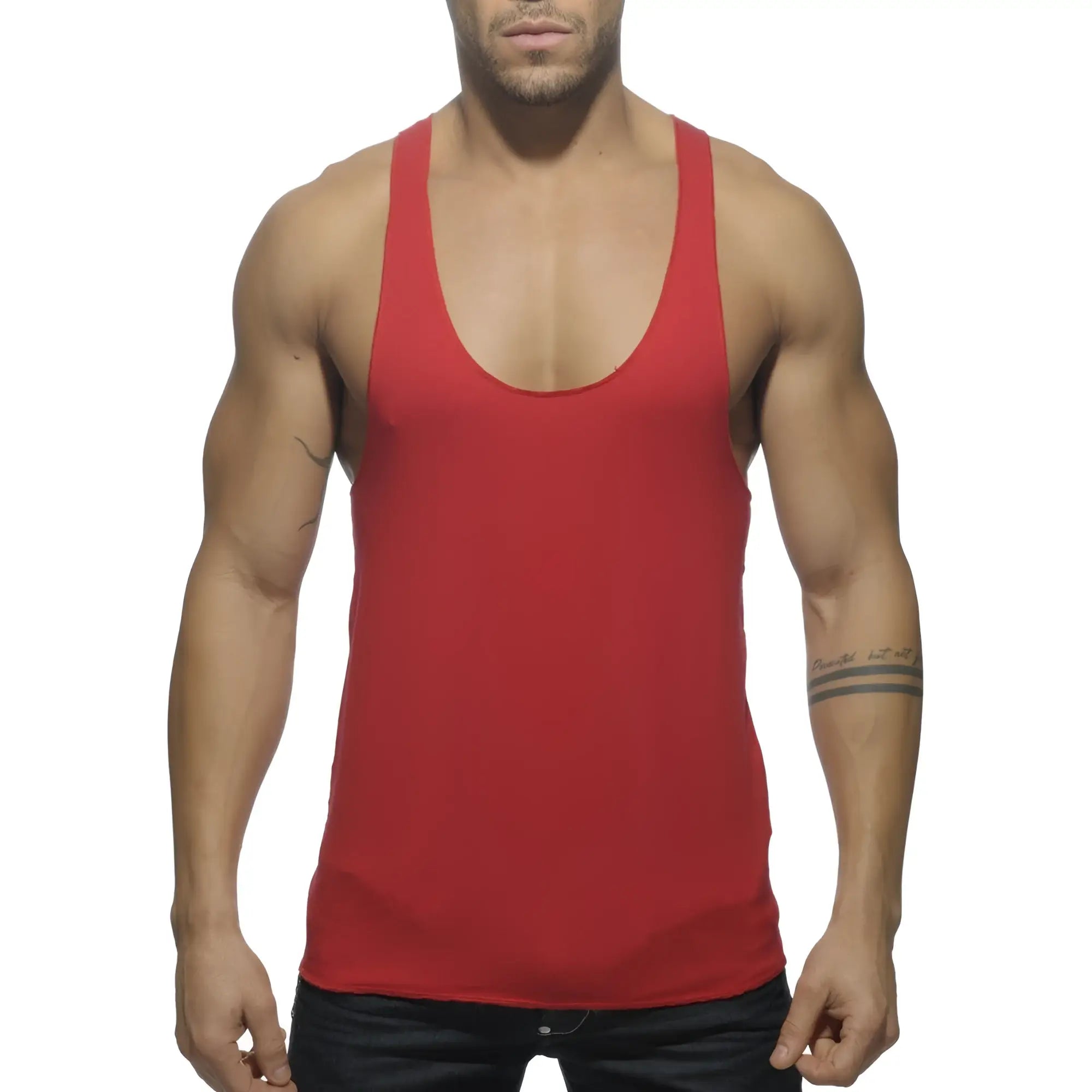 Red muscle tank top with scoop neckline and thin straps showing back side printed design