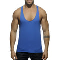 A solid royal blue sleeveless tank top with deep scoop neckline and thin shoulder straps showing the back side