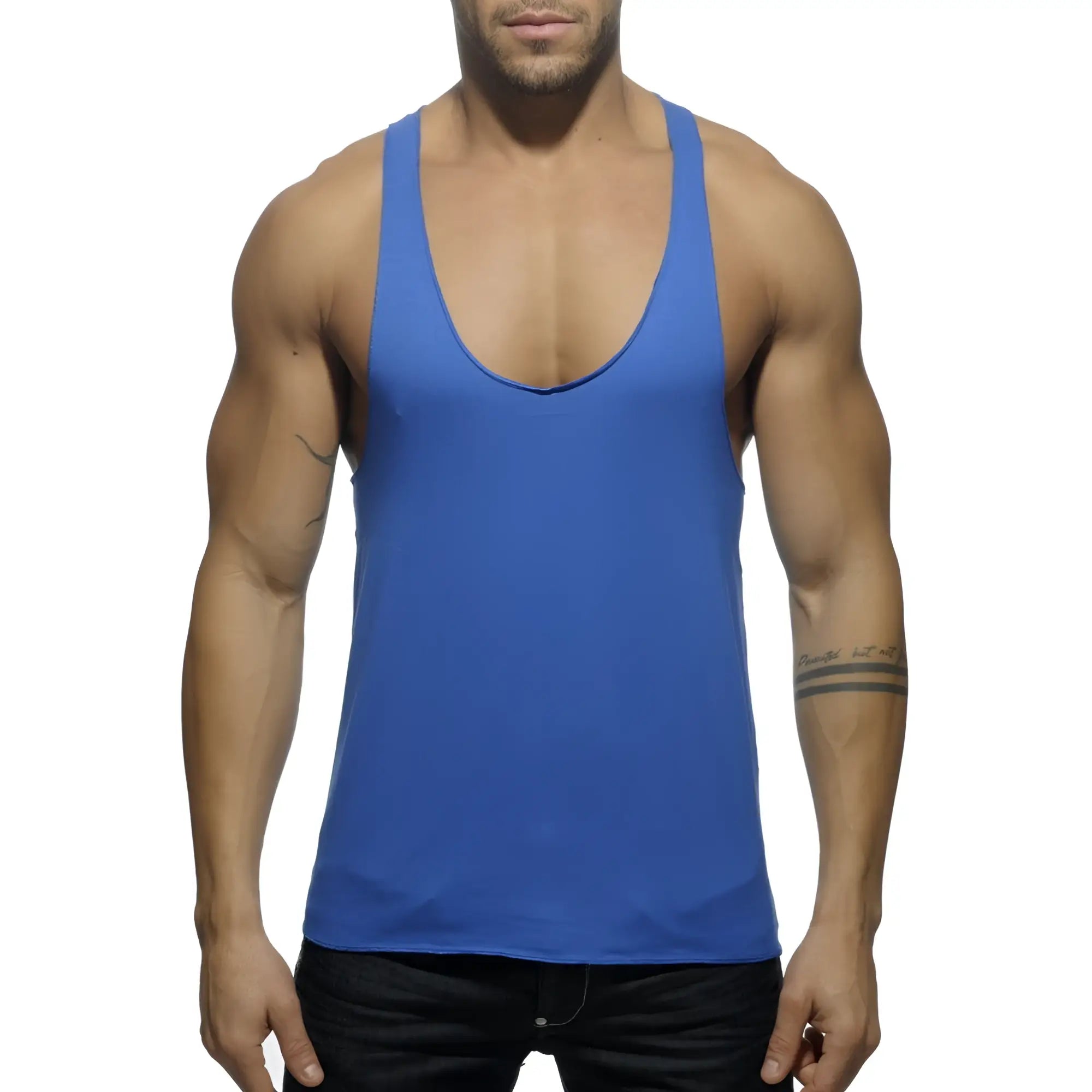 A solid royal blue sleeveless tank top with deep scoop neckline and thin shoulder straps showing the back side