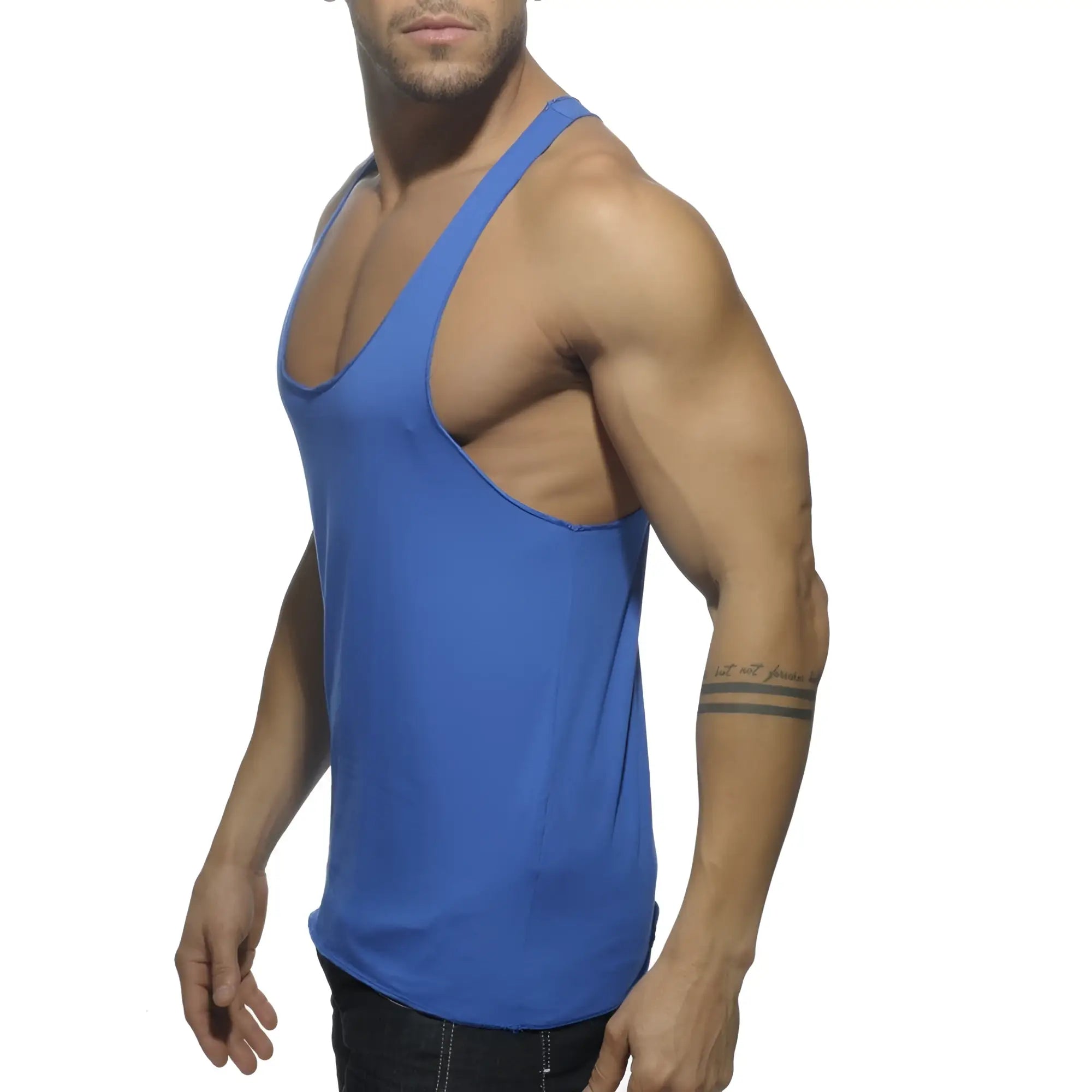 A vibrant royal blue form-fitting muscle tank top with deep scoop neckline and racerback design shown from back