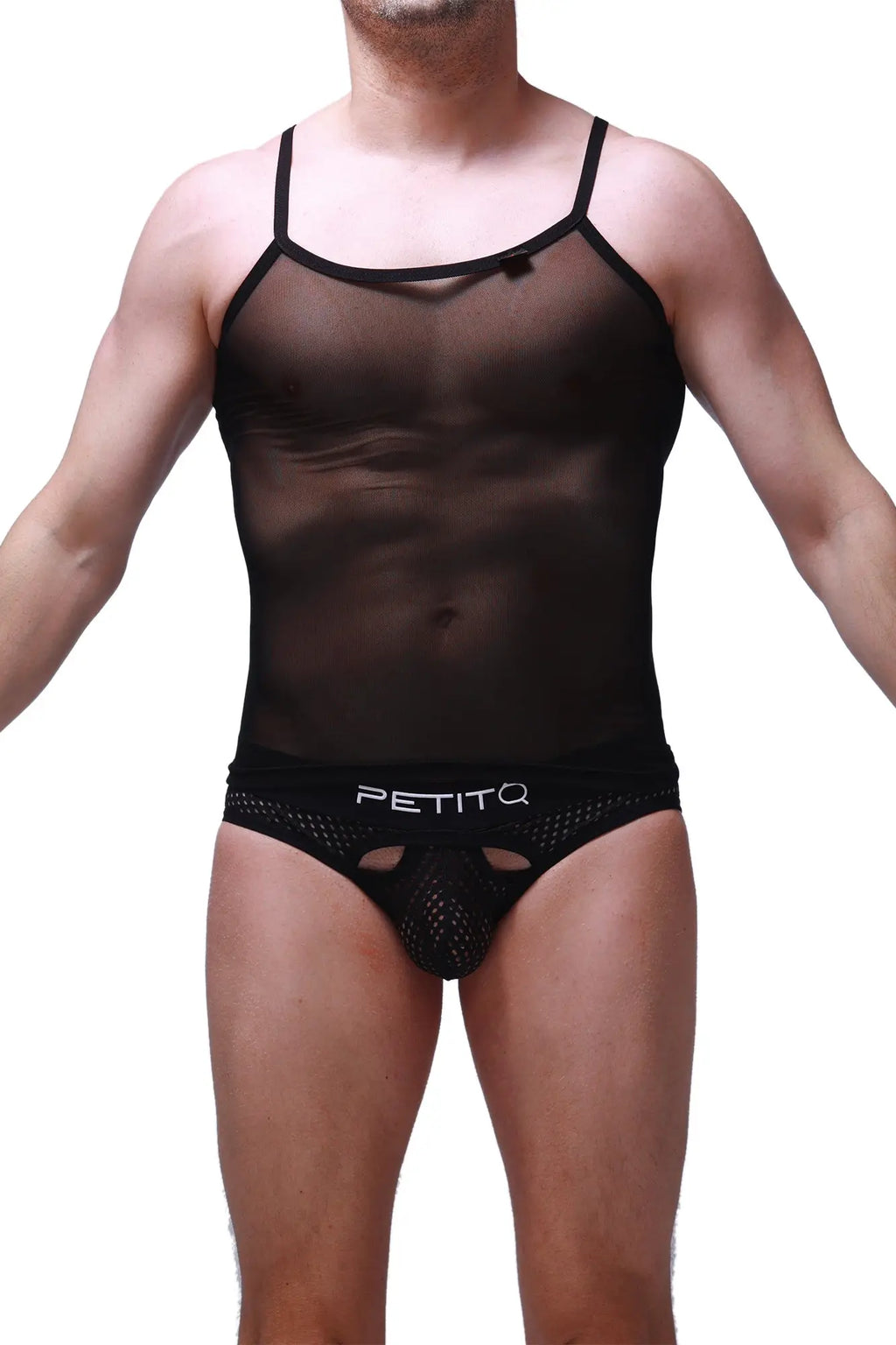Black sheer mesh tank top with thin straps and matching briefs featuring petitq logo from tank net black collection