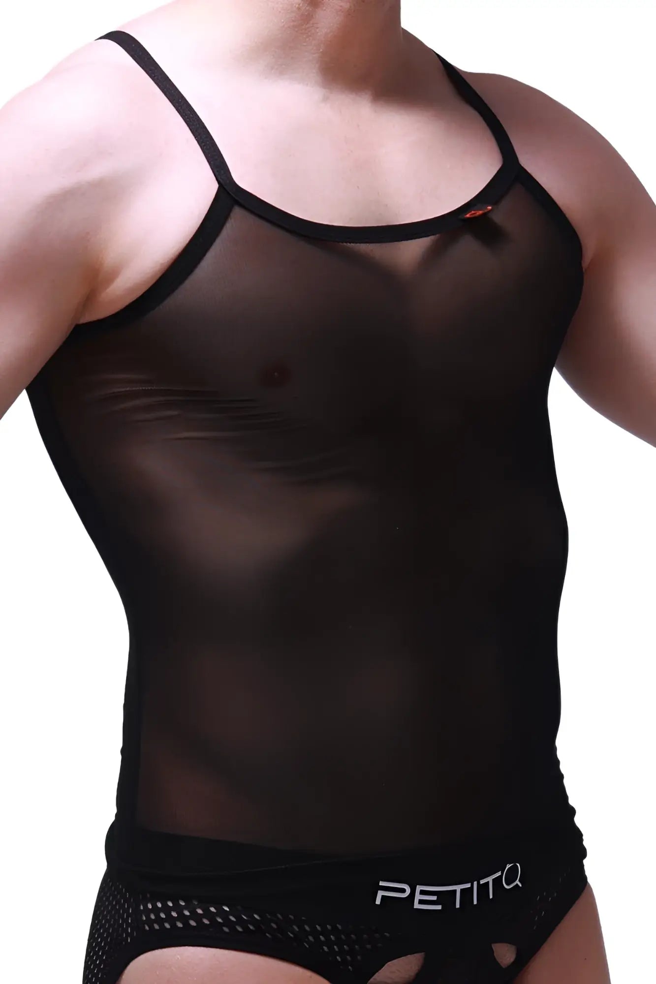 Black sheer mesh tank top with thin straps and elastic waistband for lightweight breathable wear