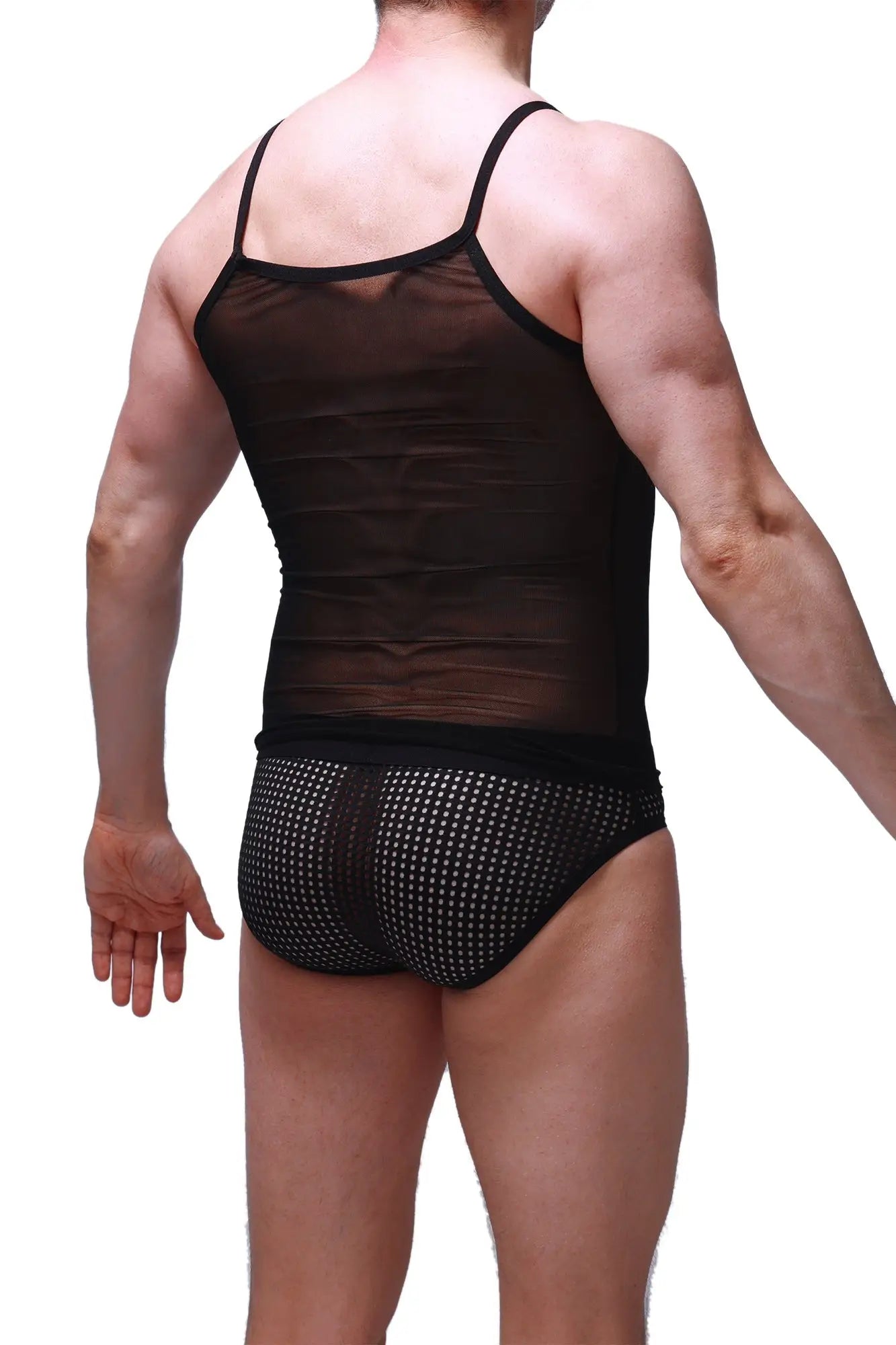 Black sheer mesh tank net black with thin straps and black waistband for a stylish breathable look