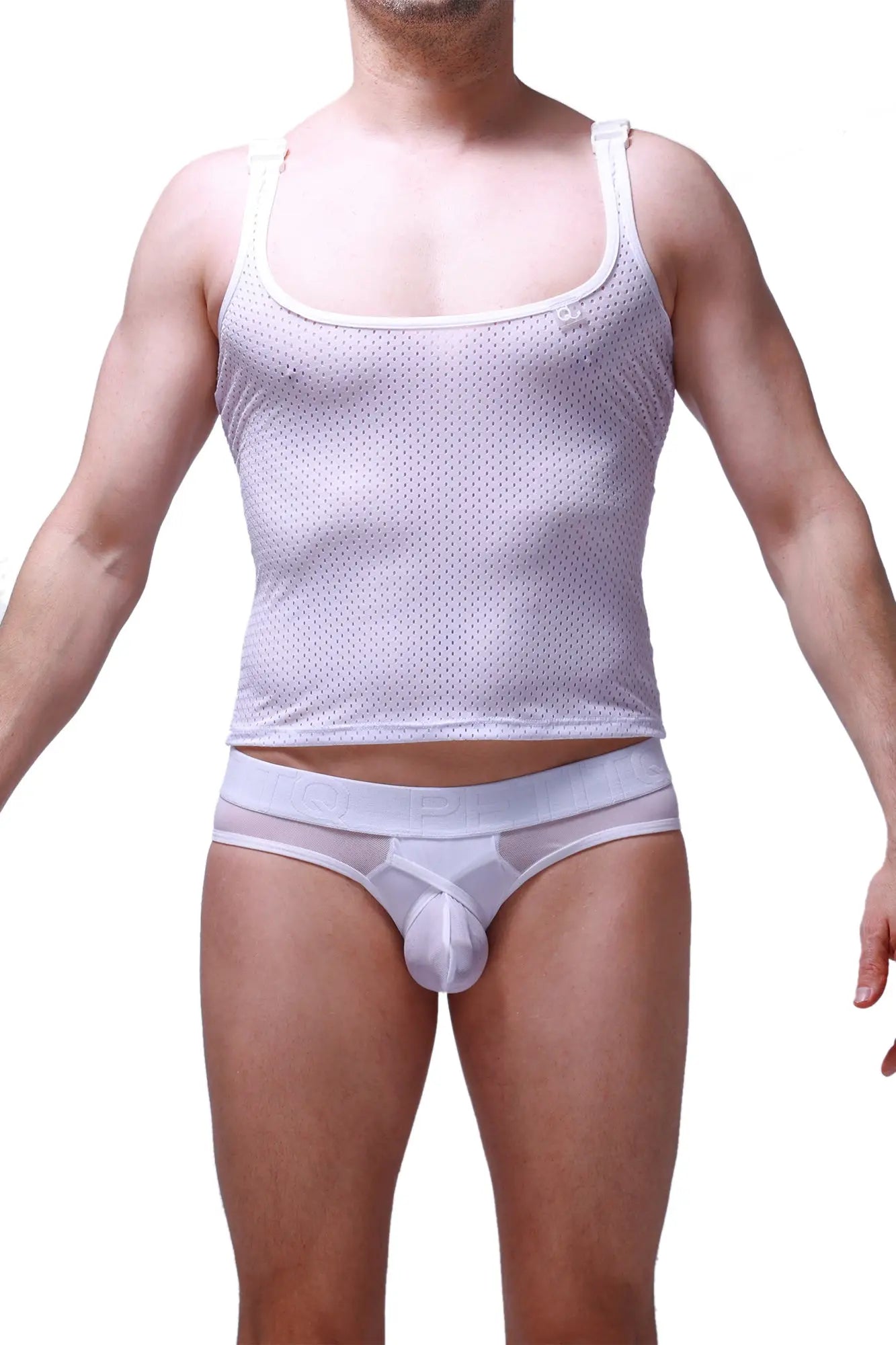White mesh tank top attan bee white with thin straps and square neckline for casual summer wear