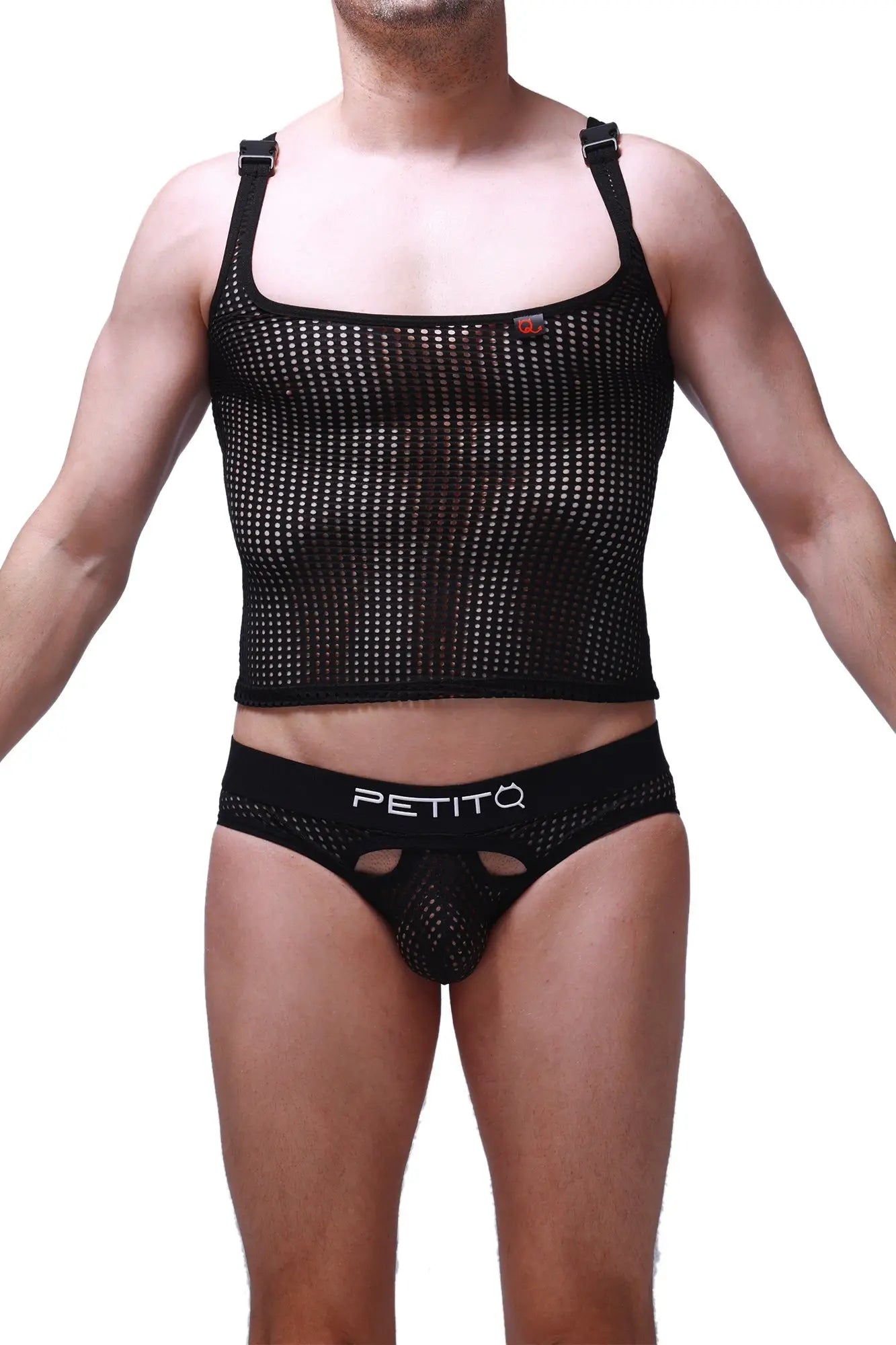 Black mesh tank top attan durtol with adjustable straps and small red logo on upper right side