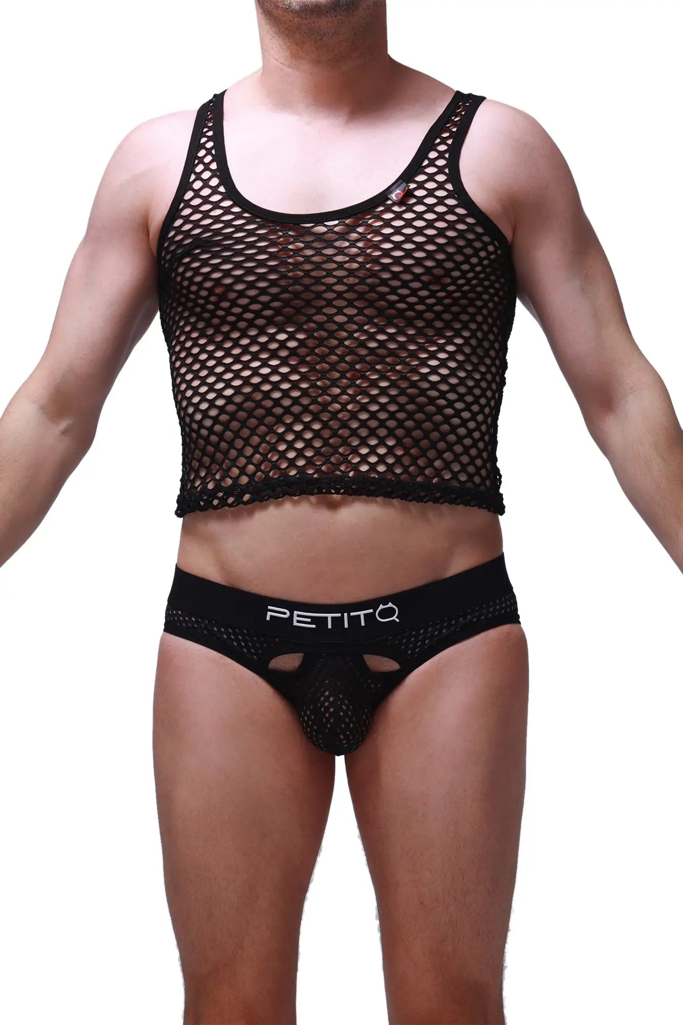 Black mesh tank top crop with scoop neckline and adjustable shoulder straps showing front view
