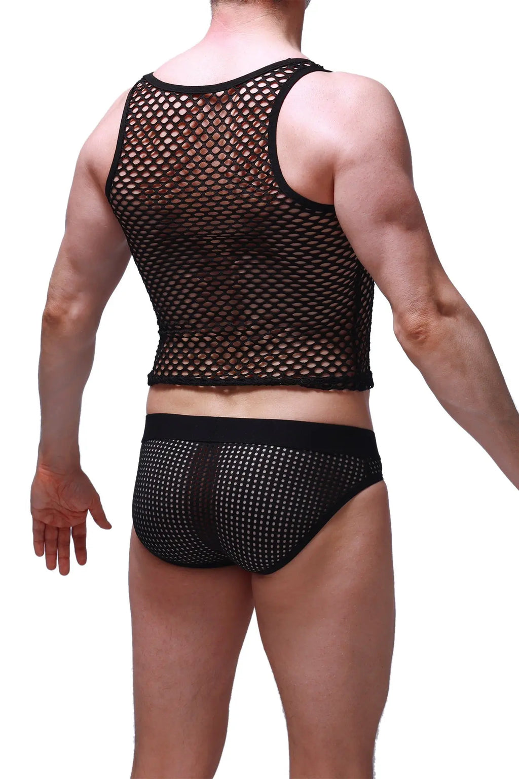 Black mesh tank top and matching briefs set made of breathable mesh fabric perfect for stylish layering and comfort