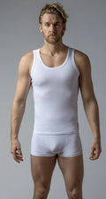 White cotton tank top with simple round neckline and subtle branding on lower left side titled tank