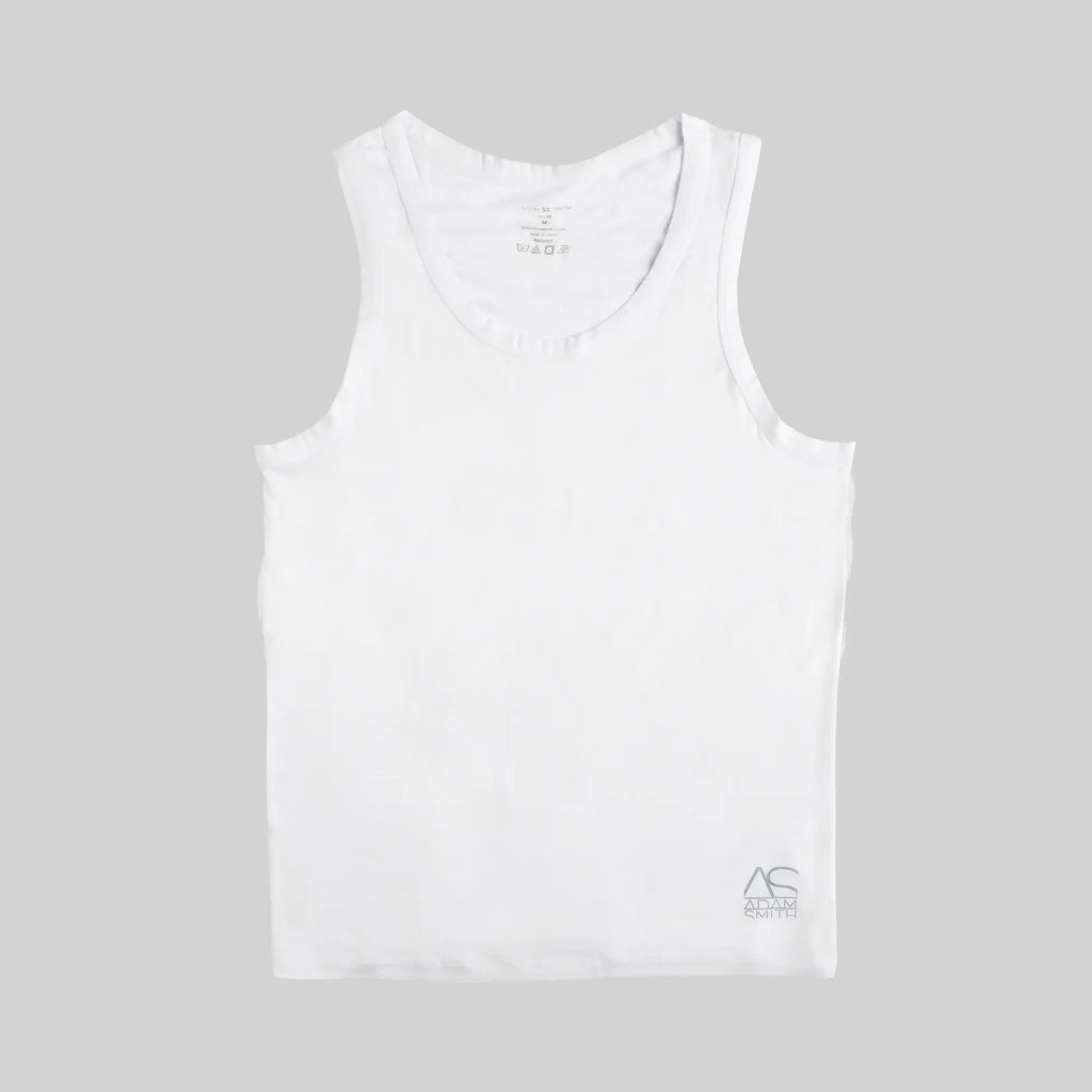 White sleeveless tank top with subtle atlas smith logo embroidered on the lower right side perfect for casual wear