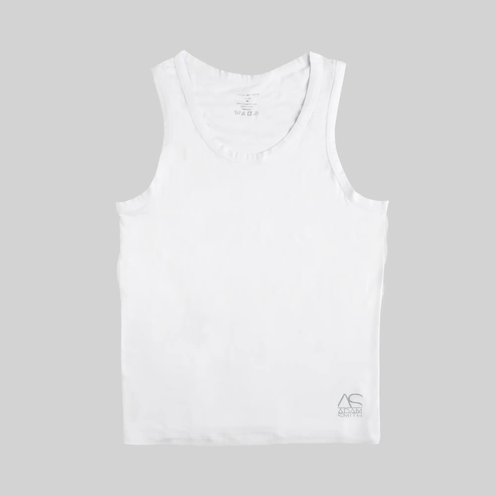 White sleeveless tank top with subtle atlas smith logo embroidered on the lower right side perfect for casual wear