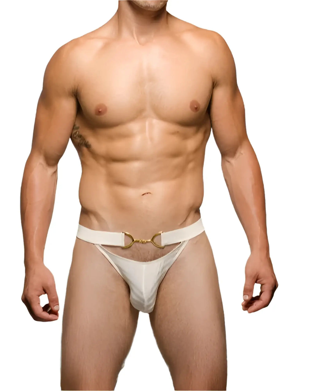 White lace-trimmed tartarus buckle thong featuring a gold-toned horsebit-style belt buckle