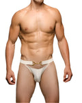 White lace-trimmed tartarus buckle thong featuring a gold-toned horsebit-style belt buckle