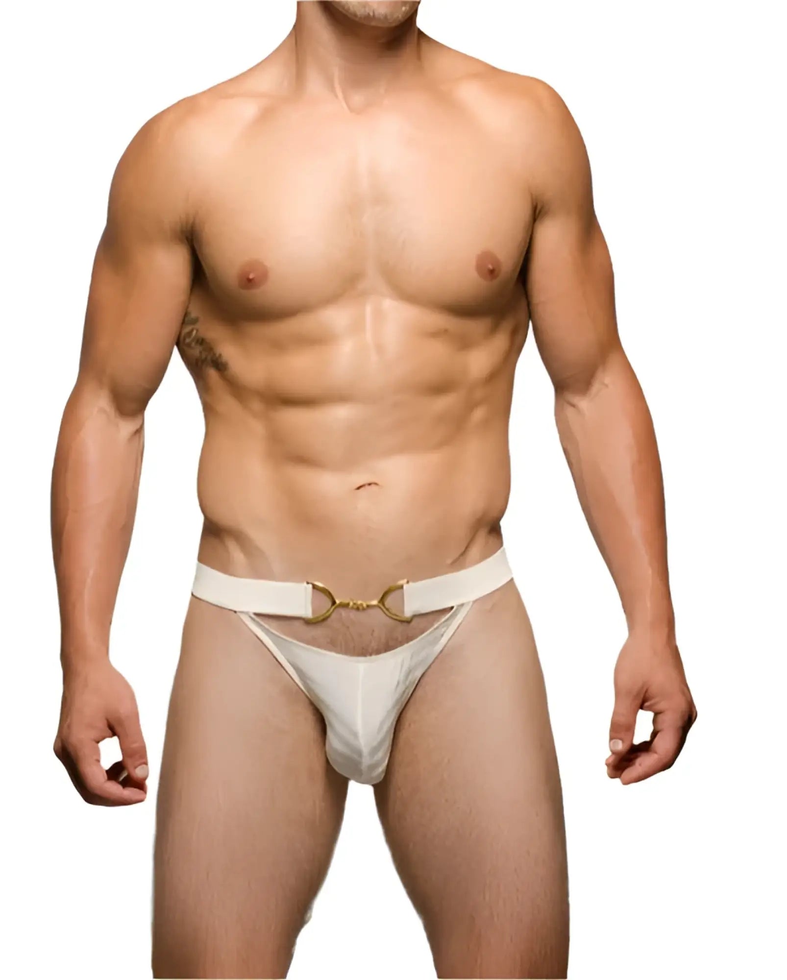 White lace-trimmed tartarus buckle thong featuring a gold-toned horsebit-style belt buckle