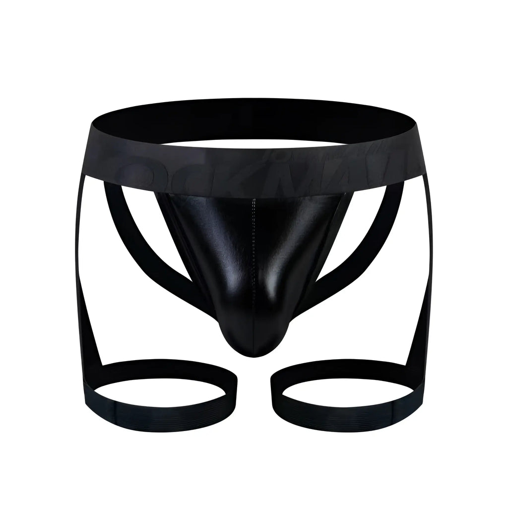 Black patent leather thong with wide waistband and two circular leg straps from tartarus coated jock harness collection