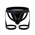 Black patent leather thong with wide waistband and two circular leg straps from tartarus coated jock harness collection
