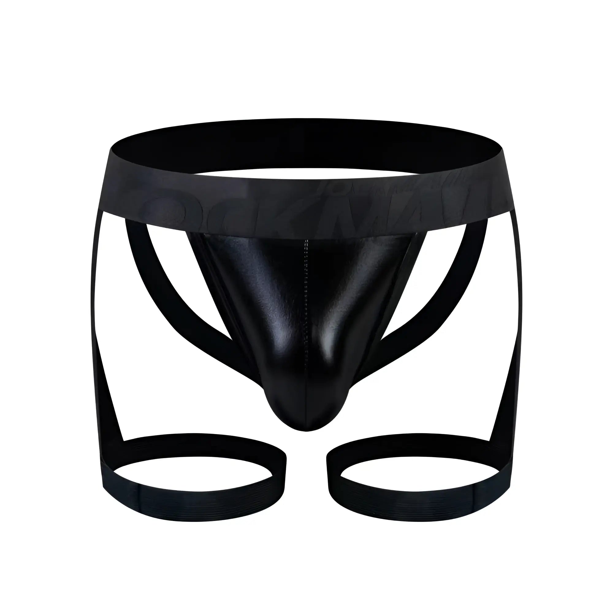 Black patent leather thong with wide waistband and two circular leg straps from tartarus coated jock harness collection