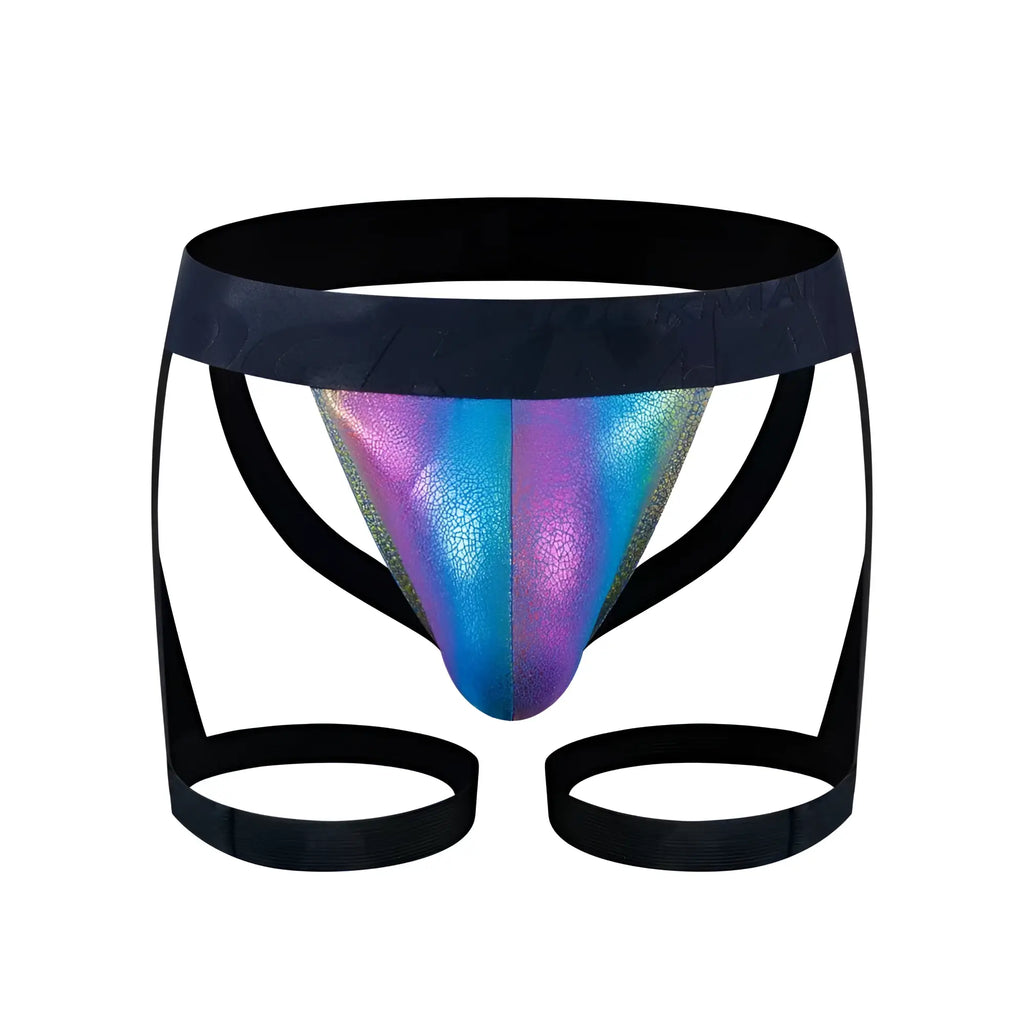 Tartarus coated jock harness iridescent holographic briefs with black elastic waistband and leg straps front view