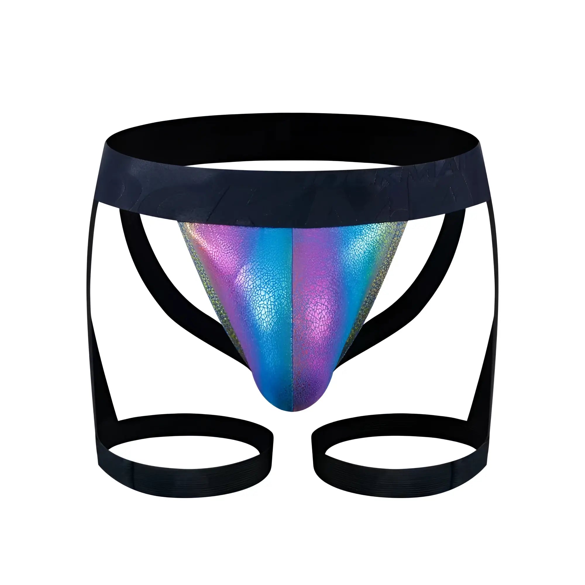 Tartarus coated jock harness iridescent holographic briefs with black elastic waistband and leg straps front view