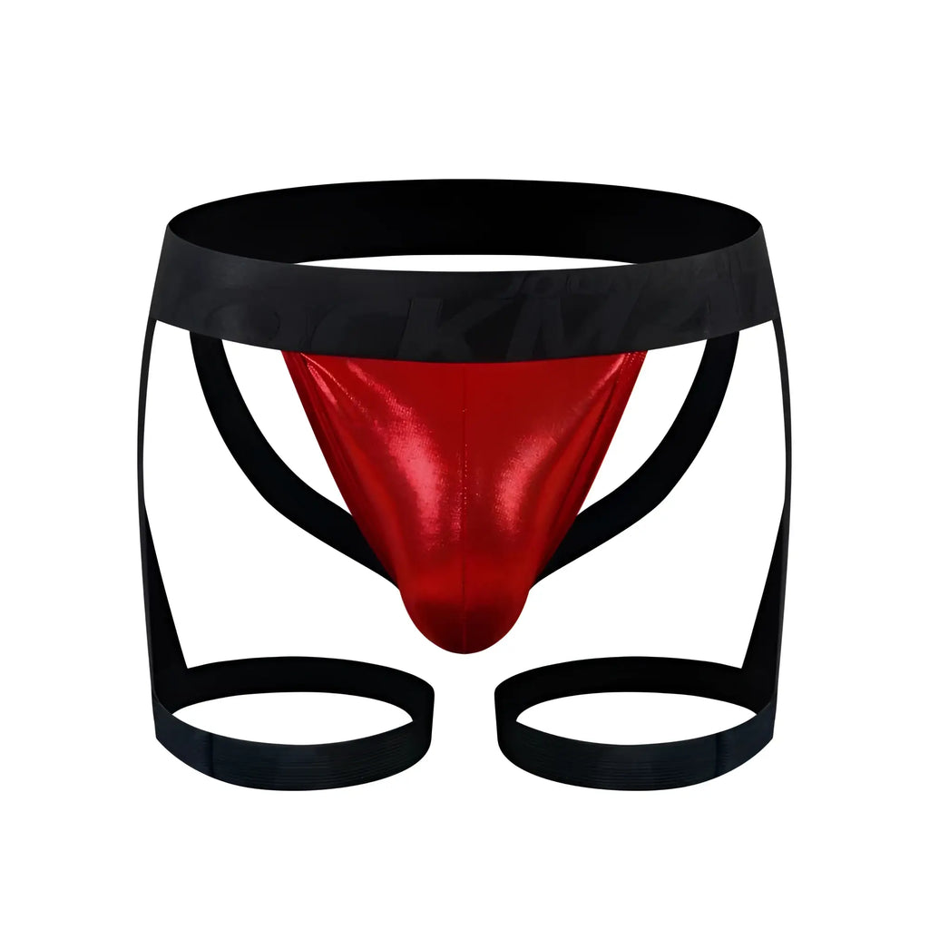 Red metallic coated jock harness briefs with black elastic waistband and leg straps from tartarus collection