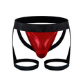 Red metallic coated jock harness briefs with black elastic waistband and leg straps from tartarus collection