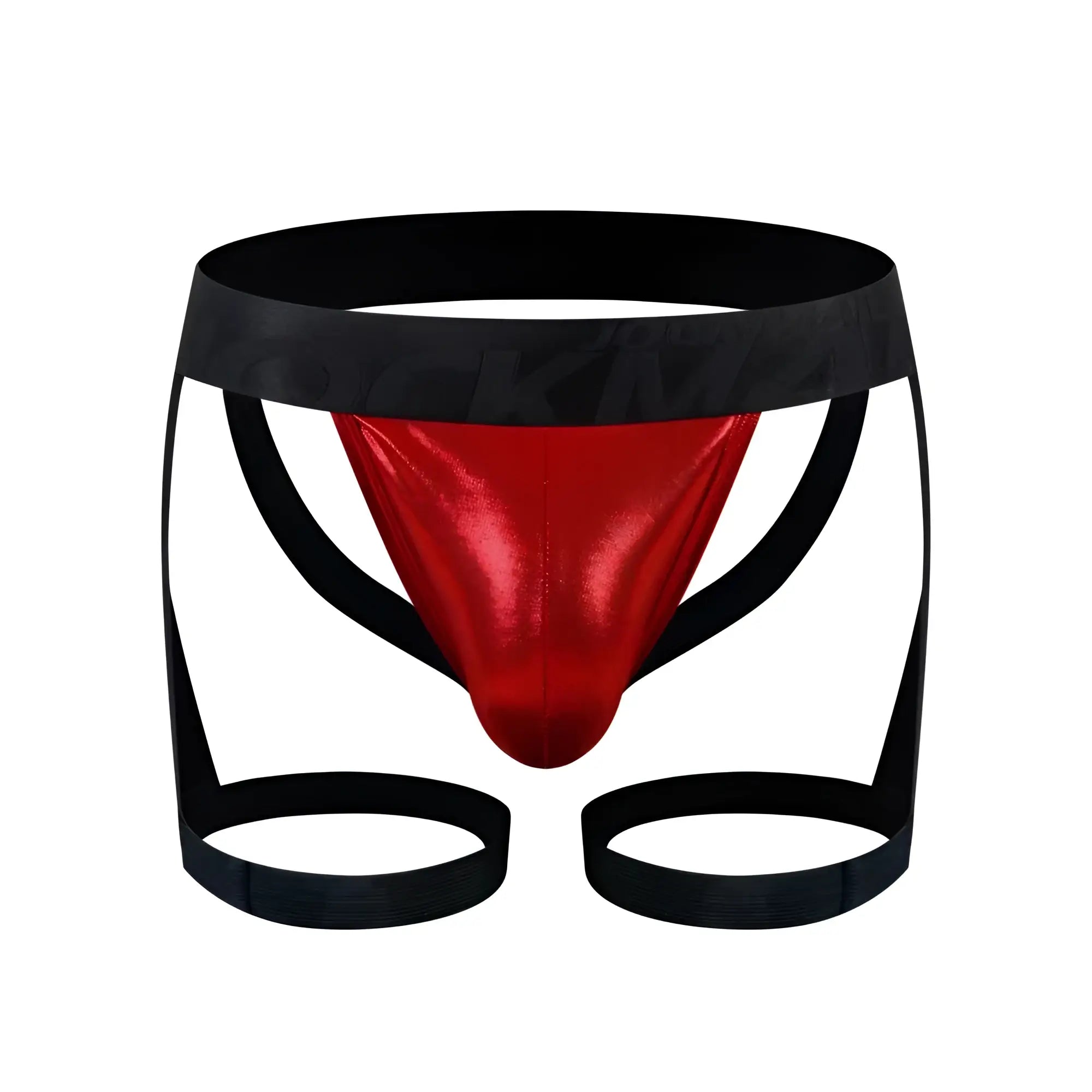Red metallic coated jock harness briefs with black elastic waistband and leg straps from tartarus collection