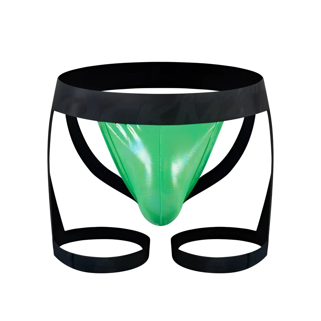 Vibrant green metallic tartarus coated jock harness with black elastic waistband and matching leg straps
