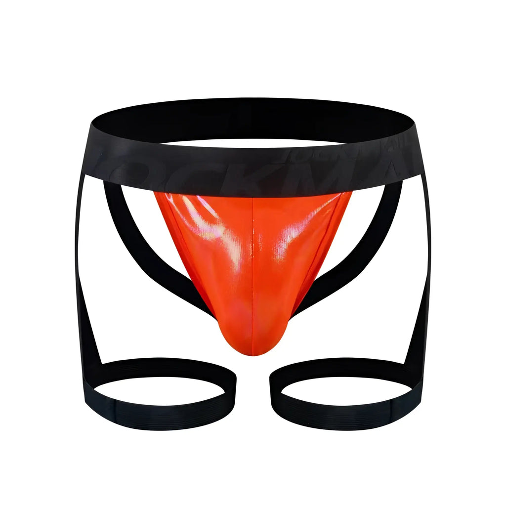Vibrant orange tartarus coated jock harness thong with black elastic waistband and leg straps made of patent leather