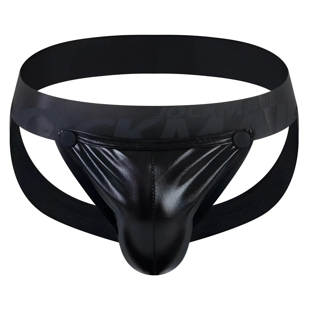 Black patent leather tartarus coated jockstrap thong with wide elastic waistband and adjustable side straps