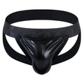 Black patent leather tartarus coated jockstrap thong with wide elastic waistband and adjustable side straps