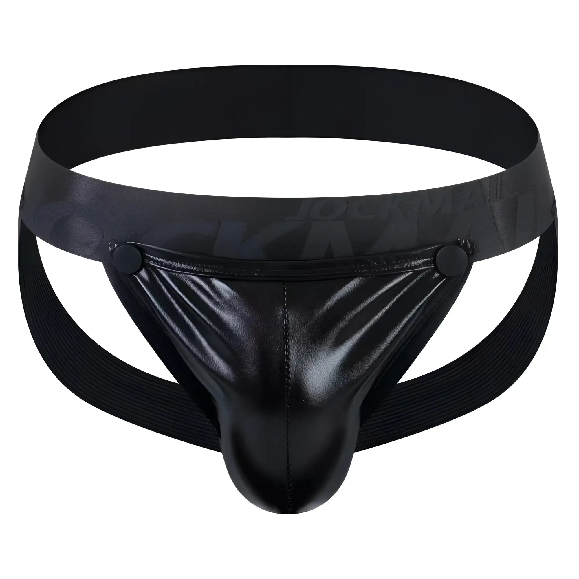 Black patent leather tartarus coated jockstrap thong with wide elastic waistband and adjustable side straps