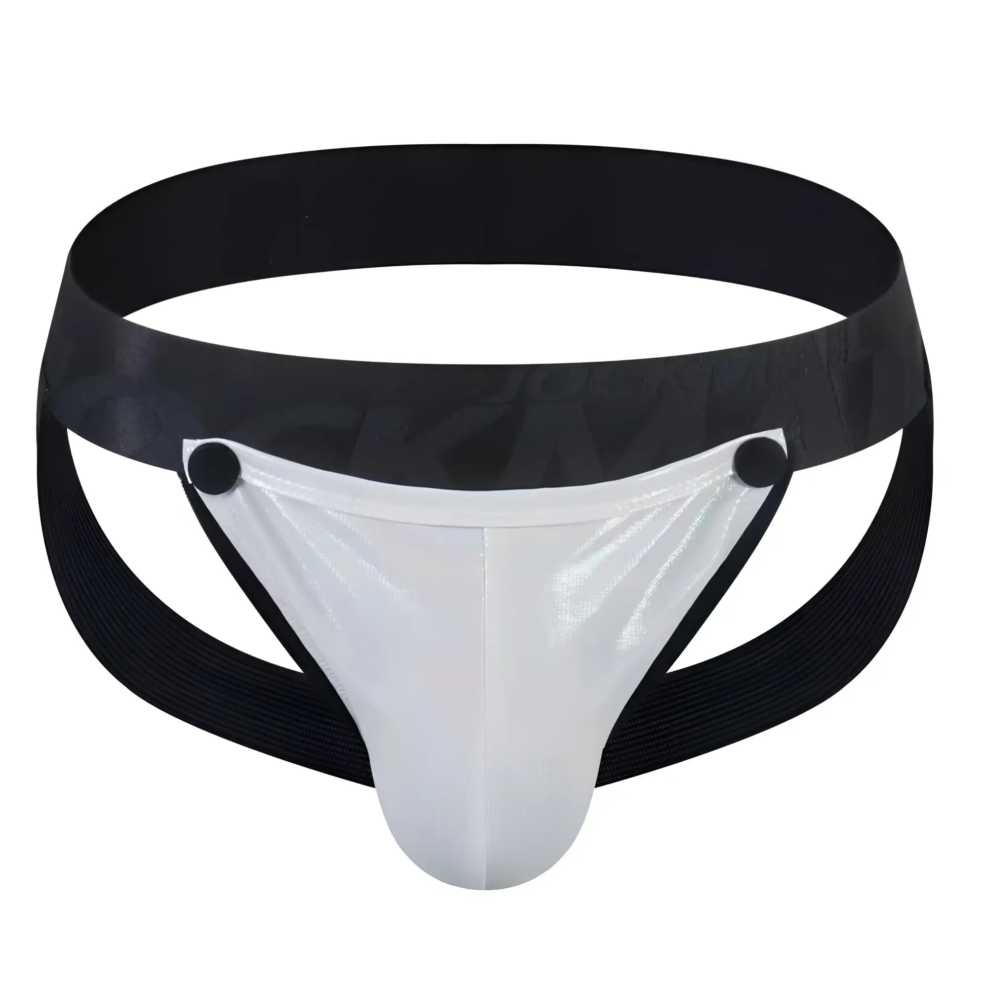 Black and white tartarus coated jockstrap briefs with shiny translucent front panel and elastic waistband