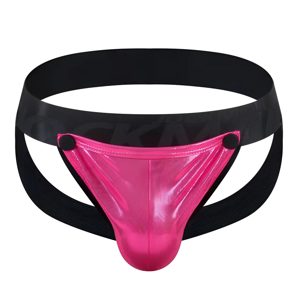 Tartarus coated jockstrap in bright pink metallic mesh with black elastic waistband and side straps front view