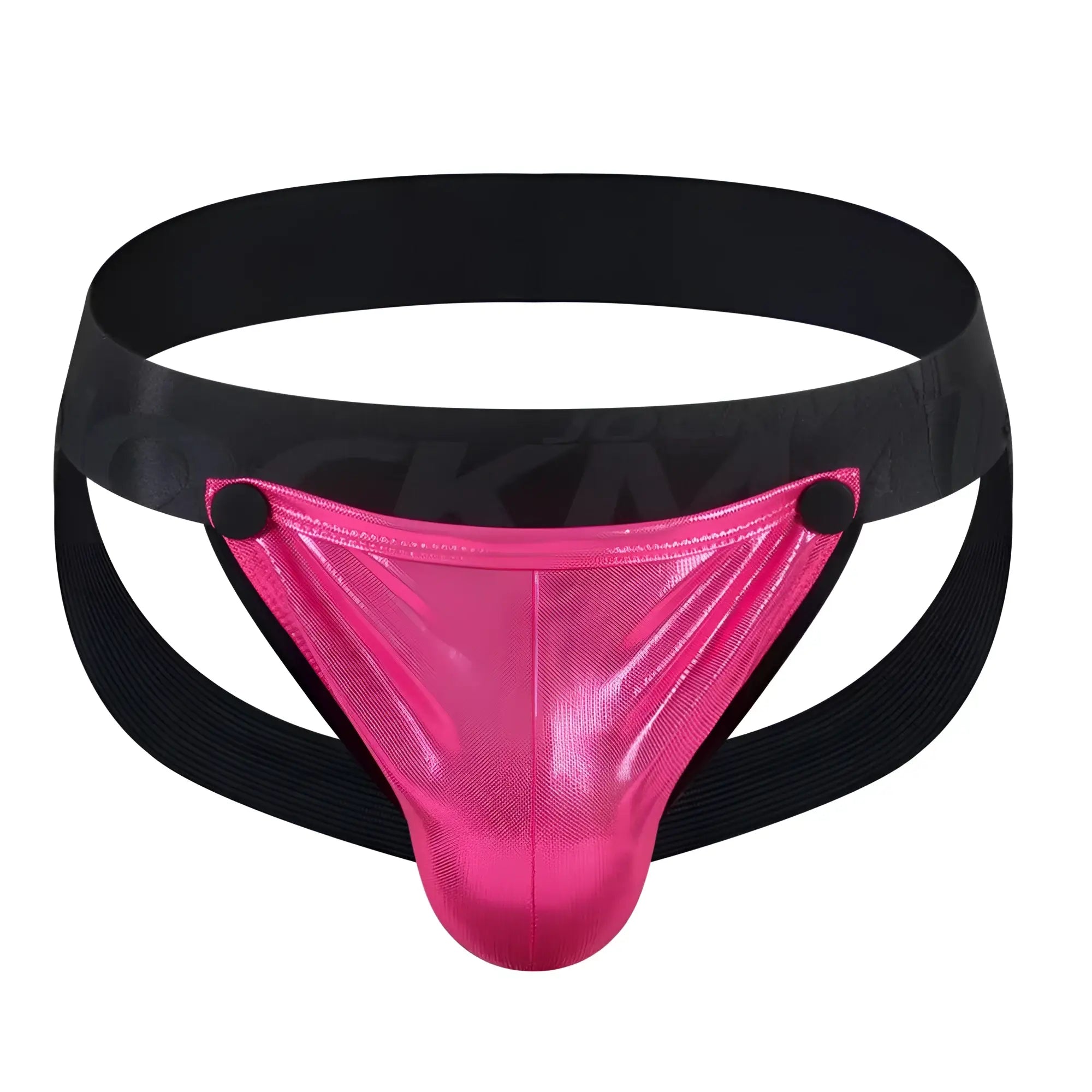 Tartarus coated jockstrap in bright pink metallic mesh with black elastic waistband and side straps front view