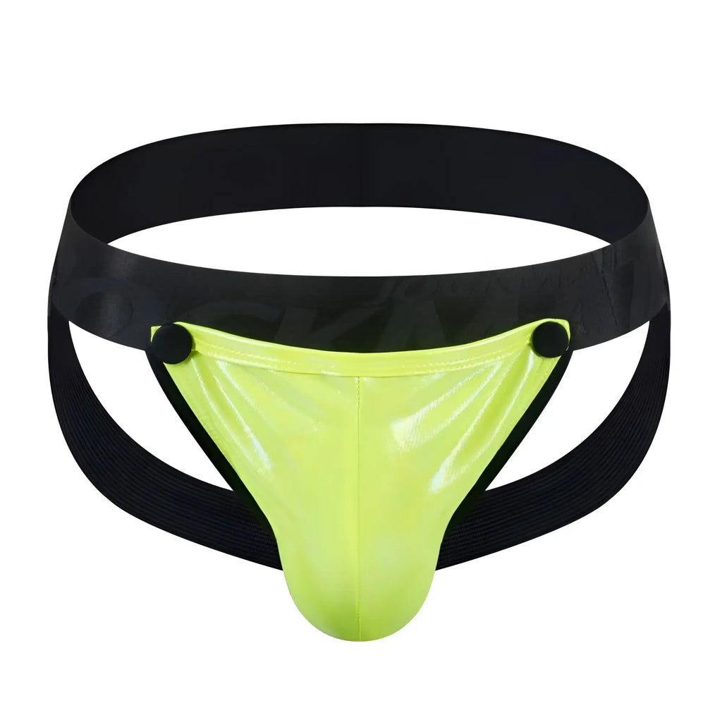 Neon green patent leather briefs with black elastic waistband and side straps tartarus coated jockstrap