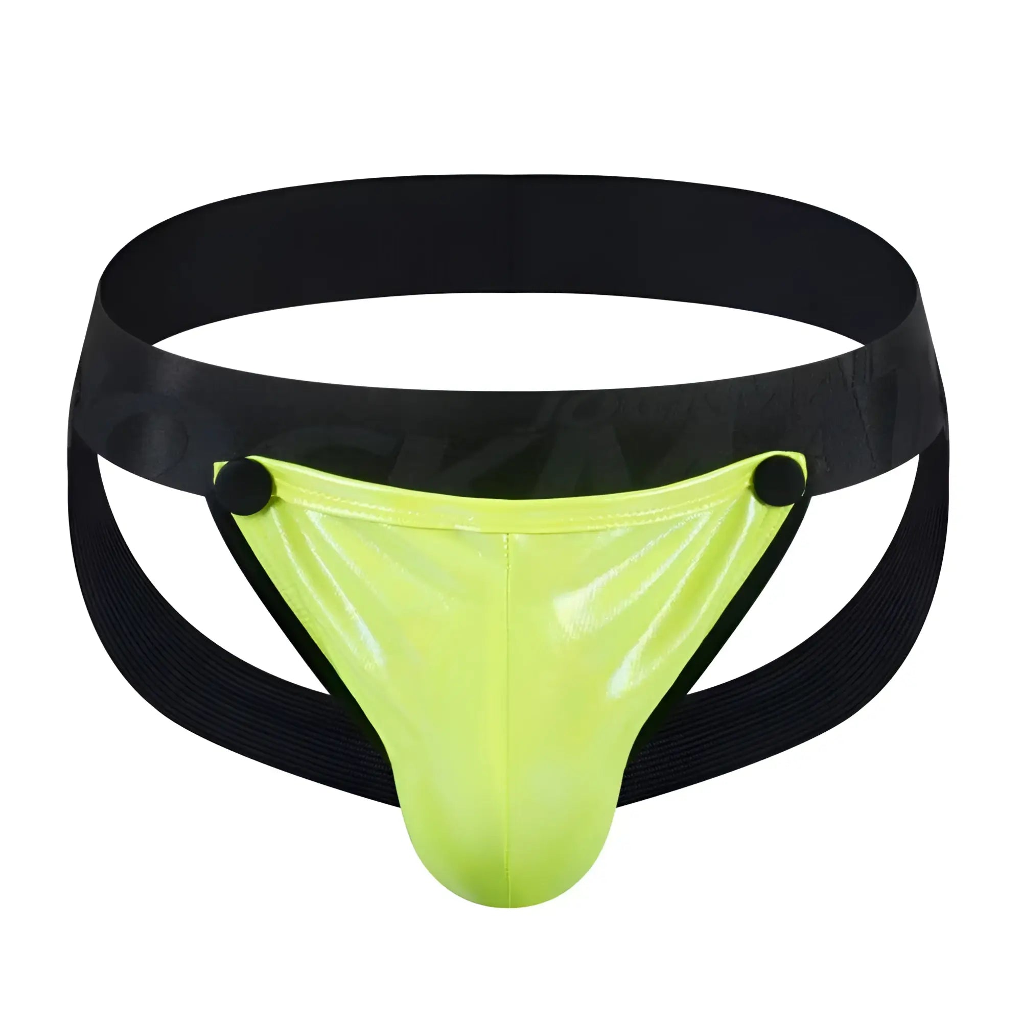 Neon green patent leather briefs with black elastic waistband and side straps tartarus coated jockstrap