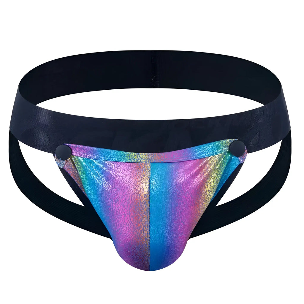 Tartarus coated jockstrap in rainbow iridescent leather-like fabric with black elastic waistband and side straps